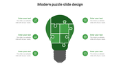 Green light bulb puzzle infographic with five interlocking segments, surrounded by circular icons and text placeholders.