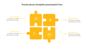 Square layout of four orange puzzle pieces with business icons, connected to four yellow caption boxes with dotted lines.