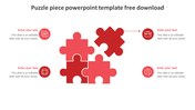 Set of four red puzzle pieces, one detached, placed centrally with text boxes, on a clean white background.
