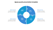 Blue puzzle infographic in a circular shape, with icons representing business elements and text on either side.
