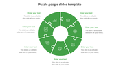 Six piece green jigsaw puzzle infographic in a layout, displaying icons for business and management, with caption areas.