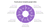 Purple circular puzzle infographic featuring business icons on each piece, surrounded by placeholders text areas.