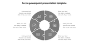 Grey circular puzzle PowerPoint template with six interlocking segments, icons, and text placeholders on a white backdrop.