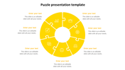 Yellow circular puzzle diagram with six interlocking pieces, each featuring a white icon, surrounded by placeholder text.