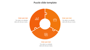 Orange circular puzzle PPT slide with three interlocking segments, icons, and text placeholders on a white backdrop.