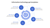 Information technology infographic with  center and six blue tech icons in circular layout, each linked to caption areas.