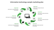 Information technology marketing plan infographic slide with six steps, featuring icons and placeholder text.