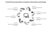 Circular information technology PowerPoint template with grey icons and placeholder text on a white backdrop.