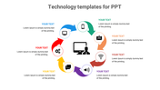 Circular infographic with seven multicolored arrows around a computer icon, representing technology elements and concepts.