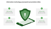 Information technology slide with a smartphone illustration, shield icon, and four text boxes for security related content.