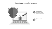 Technology template showing a shield, padlock, and chain over a laptop screen with two cons and text boxes on right.