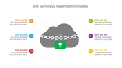 Technology template with a person at a computer, colorful icon circles, and eight text boxes with caption areas. 