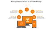 Slide on mobile technology slide featuring various devices with text sections for content and orange icons.
