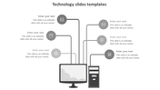 Technology slide with monitor and CPU at the center, six curved lines connecting to icons like email and database.