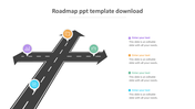 Roadmap PPT template with different directions and icons for data analysis, media, work, and education with text area.