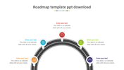Curved roadmap infographic with location markers, each with a icon in red, blue, green, orange, and purple, and captions.