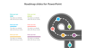 Winding road design with six milestone markers in teal, green, blue, orange, yellow, and purple, and text boxes on the left.