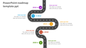 Winding roadmap infographic with five markers from 2010 to 2020, each with a circular business icon and caption areas.