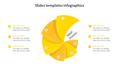 Google Slides infographic template showing a yellow spiral process with six steps and placeholder text on a white backdrop.
