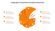 Circular segmented spiral infographic with six numbered steps in orange, converging at a central point with caption areas.