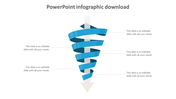 Infographic with a 3D blue spiral wrapped around a gray downward arrow, surrounded by five text placeholders.