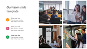 Modern team PowerPoint slide with collaborative work images and text placeholders for team details.