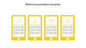 Modern PowerPoint template featuring four yellow smartphone shaped sections for marketing content with icons.