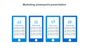 Marketing template featuring four sections with blue icons representing statistics, teamwork, announcements, and emails.