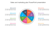 Circular diagram with eight colorful sections, each featuring business icons and text areas on both sides.