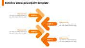 A four step timeline arrow diagram PowerPoint slide featuring curved orange arrows with labeled steps and text placeholders.