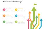 Infographic with multiple arrows in colors, including a large green arrow with a flag, and six icons with placeholder text.