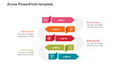 Business workflow featuring five arrows in pink, orange, red, green, and blue, connected to icons and placeholder text.