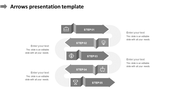 Stacked grayscale arrow timeline with five labeled steps, each arrow containing an icon and aligned with text areas. 