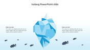 Iceberg PowerPoint slide with a geometric iceberg illustration and text sections on both sides.