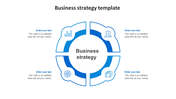 Business strategy slide with 4 section and blue circular diagram featuring icons with placeholder text on a white backdrop.