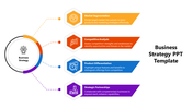 Business strategy infographic with a circular hub and four color steps in hexagonal icons, connected to descriptions.