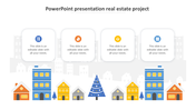 Real estate infographic with colorful houses, a blue Christmas tree, and four rounded text boxes on a city backdrop.