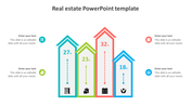 Real estate PPT template with house shaped bars displaying percentage values and property icons with placeholder text.
