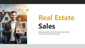 Real Estate Sales Presentation PPT with agent image, property visuals, charts, and sales strategy text.