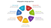 Circular infographic with six multicolored segments, each containing an icon and a placeholder text for customization.