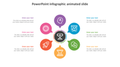 Animated infographic featuring six multicolored nodes around a central trophy icon, each linked to a placeholder text area.