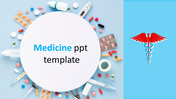 Medicine slide with scattered medical supplies encircling a white circle, with a red caduceus symbol on a blue background.