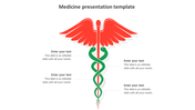 A red winged caduceus symbol with two green snakes intertwining a staff, paired with four captions around it.