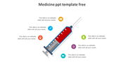 Medicine slide featuring a syringe graphic for various content needs with color coded icons with placeholder text.