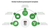 Medicine slide featuring a central pill bottle and five green health related icons in a semi circular layout.