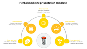 Herbal medicine infographic with a layout, five yellow icons for natural remedies, and a central prescription bottle. 