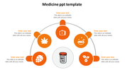 Orange circular infographic featuring five medical icons, like a first aid kit and herbal symbols, surrounding a pill bottle.