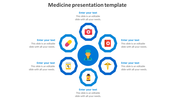 Medical presentation slide with a central doctor icon surrounded by six blue hexagons featuring healthcare related symbols. 