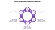 Circular infographic with six purple segment, each containing a icon representing business concepts, with text placeholders. 