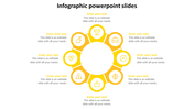 Infographic template with eight yellow sections arranged in a circle, each with an icon and text area.